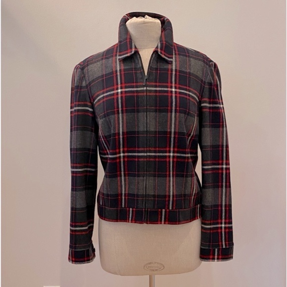 David Brooks Womens Vintage Wool Blue Red Gray Plaid Bomber Jacket / Size M